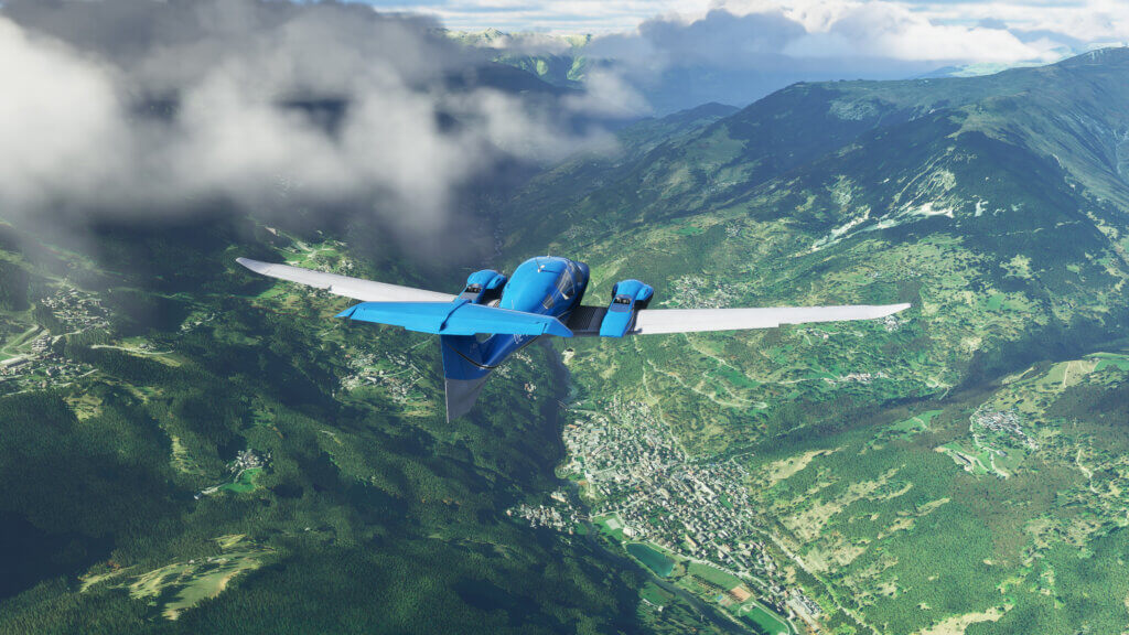 DA62 flying over green hills