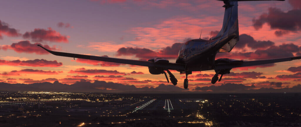 Plane landing during sunset