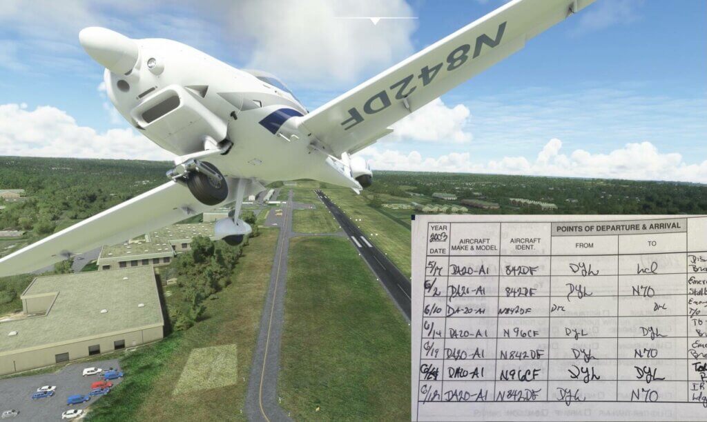 Plane leaving the runway with a logbook in the bottom right-hand corner