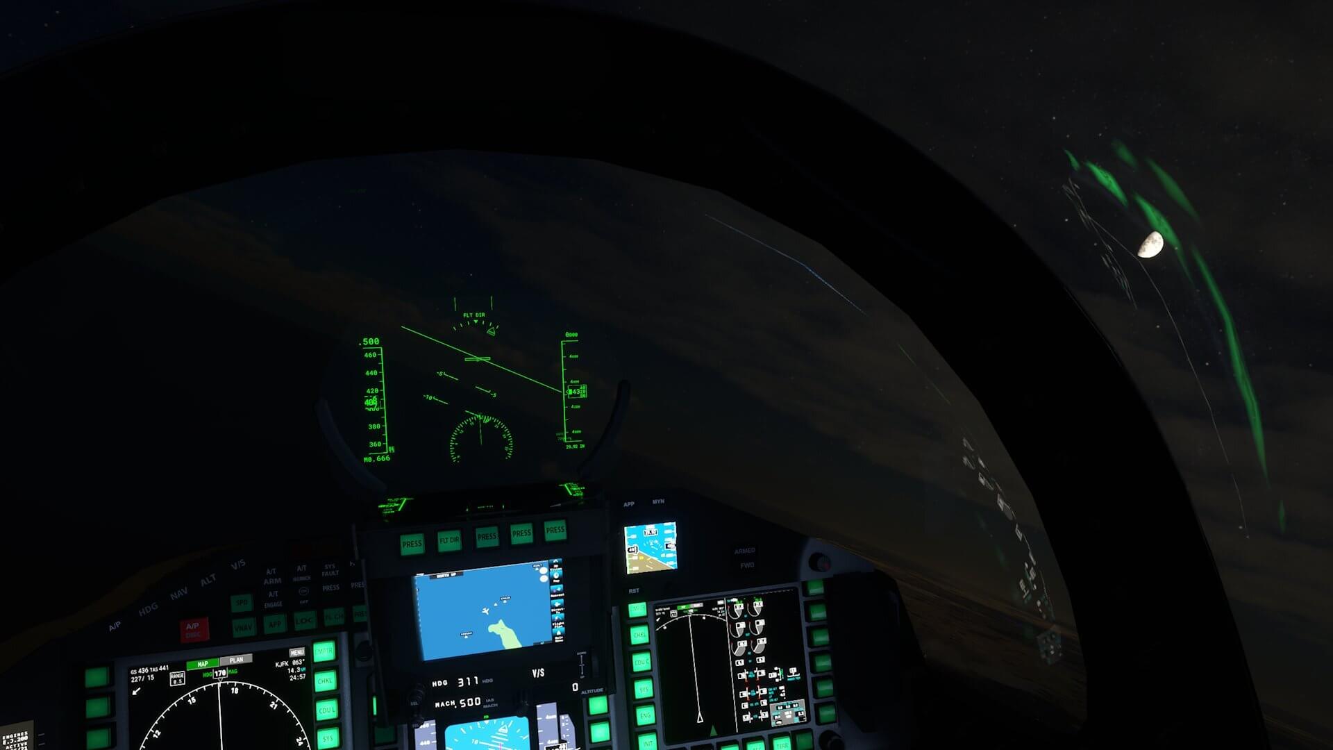 Inside a cockpit during night time