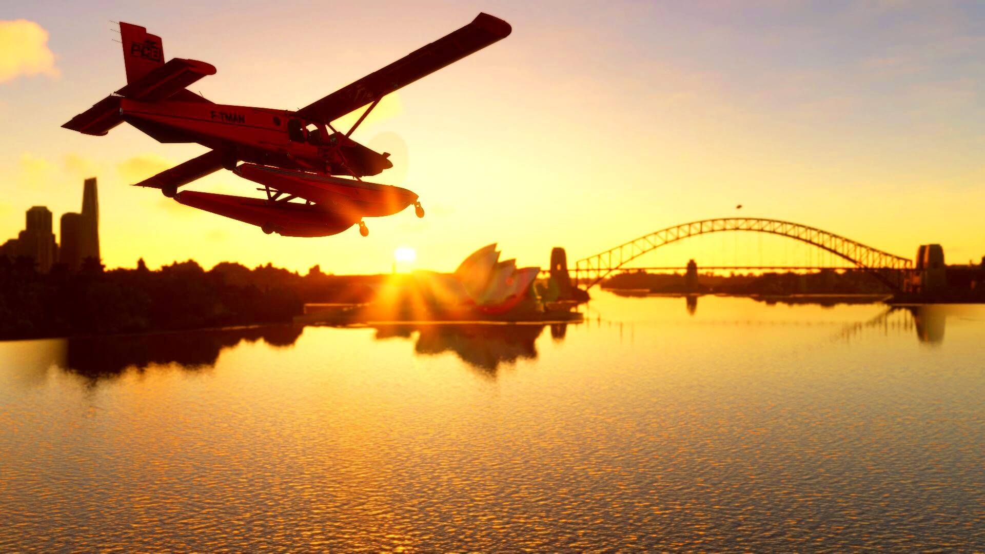 Flying near a bridge during sunset