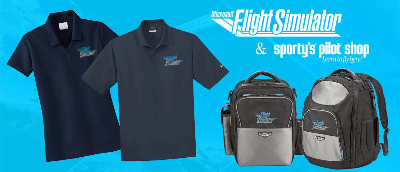 Two shirts and two backpacks - Microsoft Flight Simulator and sportys pilot shot