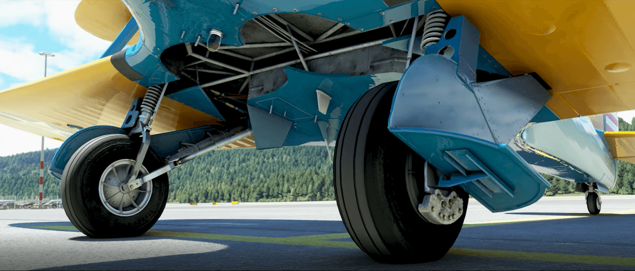 A close-up of the Staggerwing's retractable landing gear