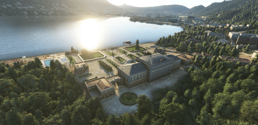 A European-style mansion and garden next to a lake