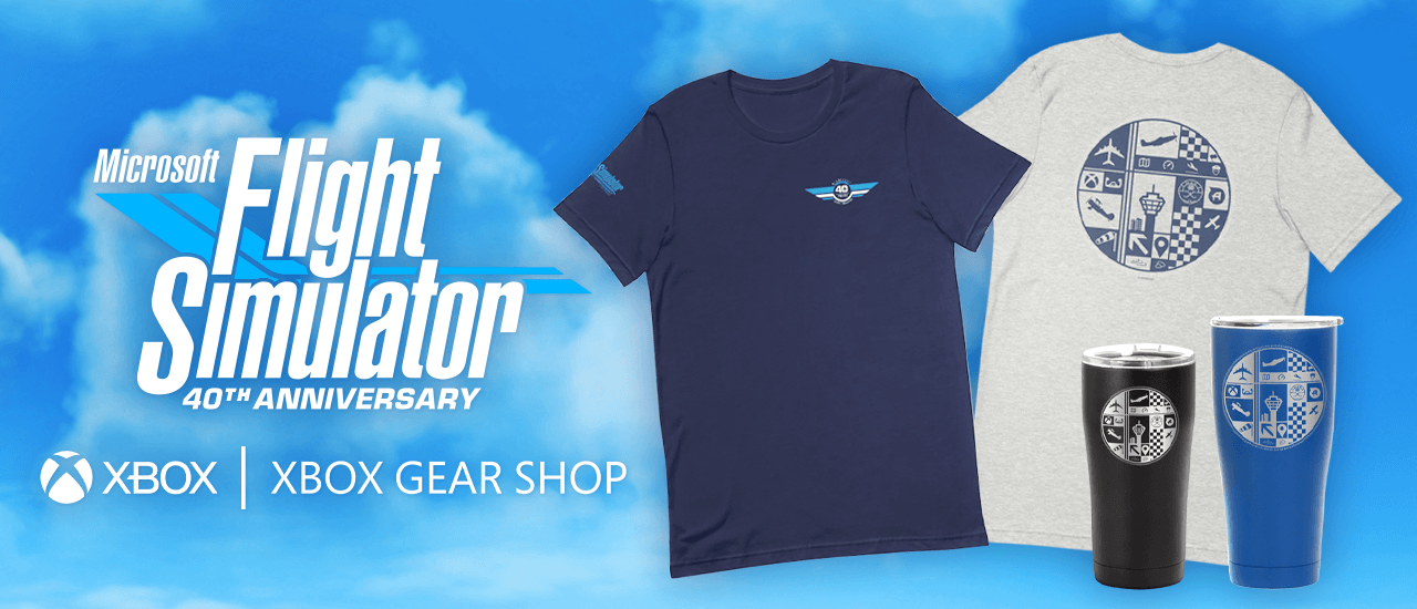 Microsoft Flight Simulator 40th Anniversary - Xbox Gear Shop - Image of two shirts and two tumblers