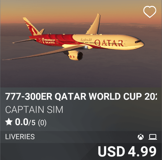 777-300ER Qatar World Cup 2022 livery by Captain Sim, USD 4.99