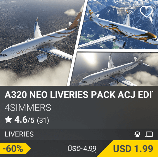 A320 Neo Liveries Pack ACJ Edition by 4Simmers, USD 4.99 (on sale for 1.99)