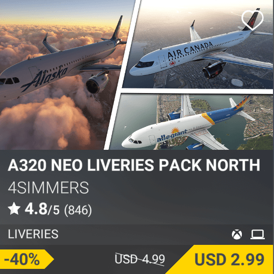 A320 Neo Liveries Pack North America by 4Simmers, USD 4.99 (on sale for 2.99)