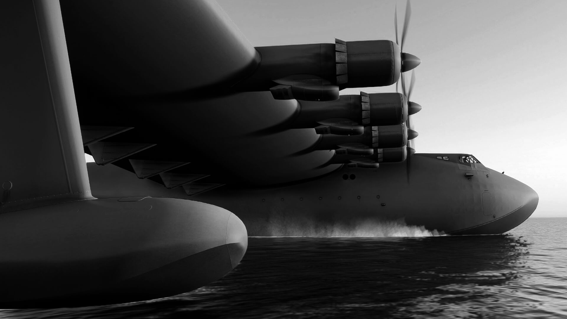 Spruce Goose plane in the water in black and white coloring