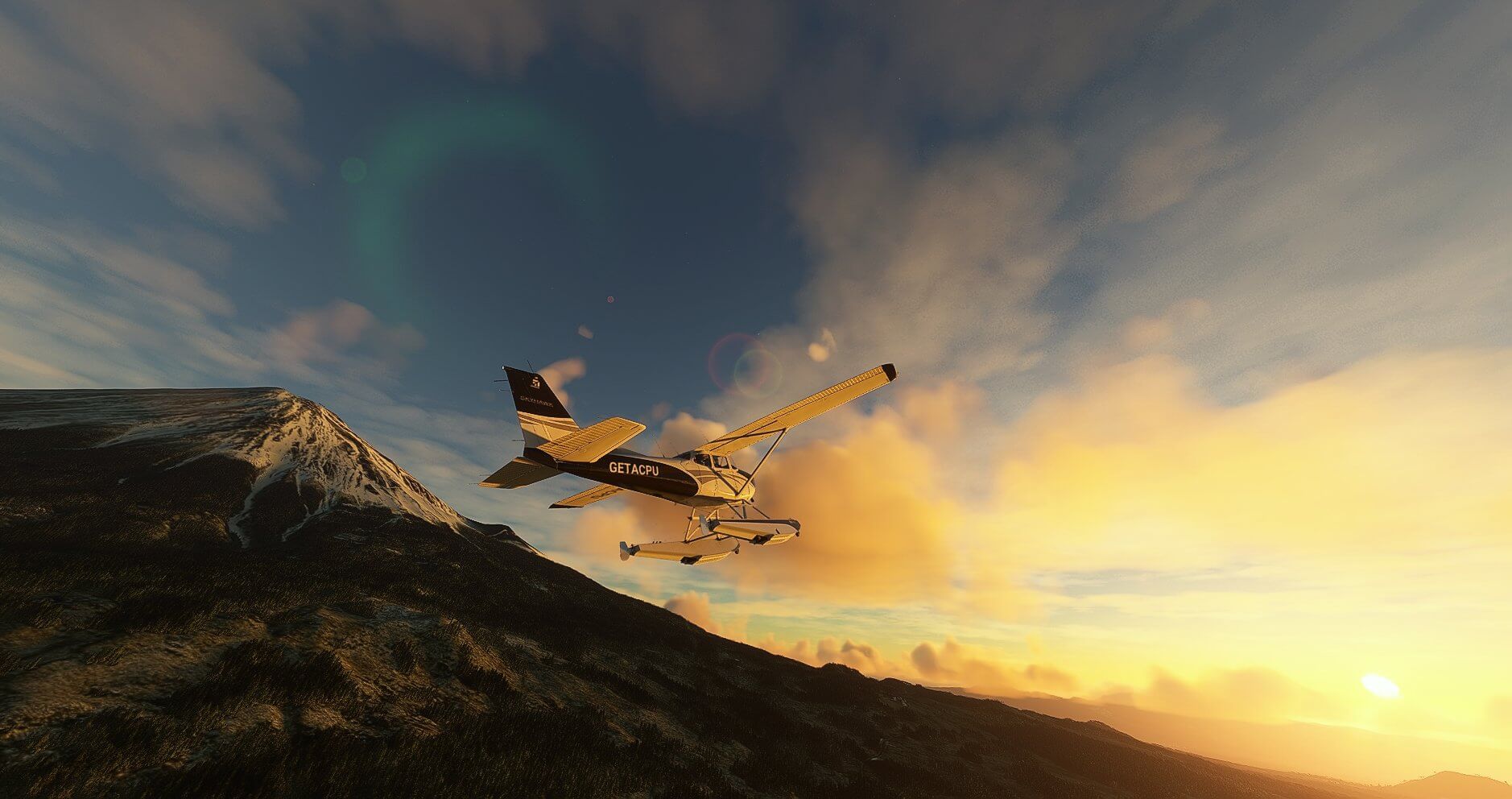 A GA plane flies beside a snowy mountain as the sun rises.
