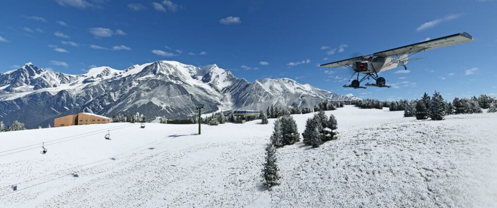 A plane flies over a ski lift, down a snowy mountain.