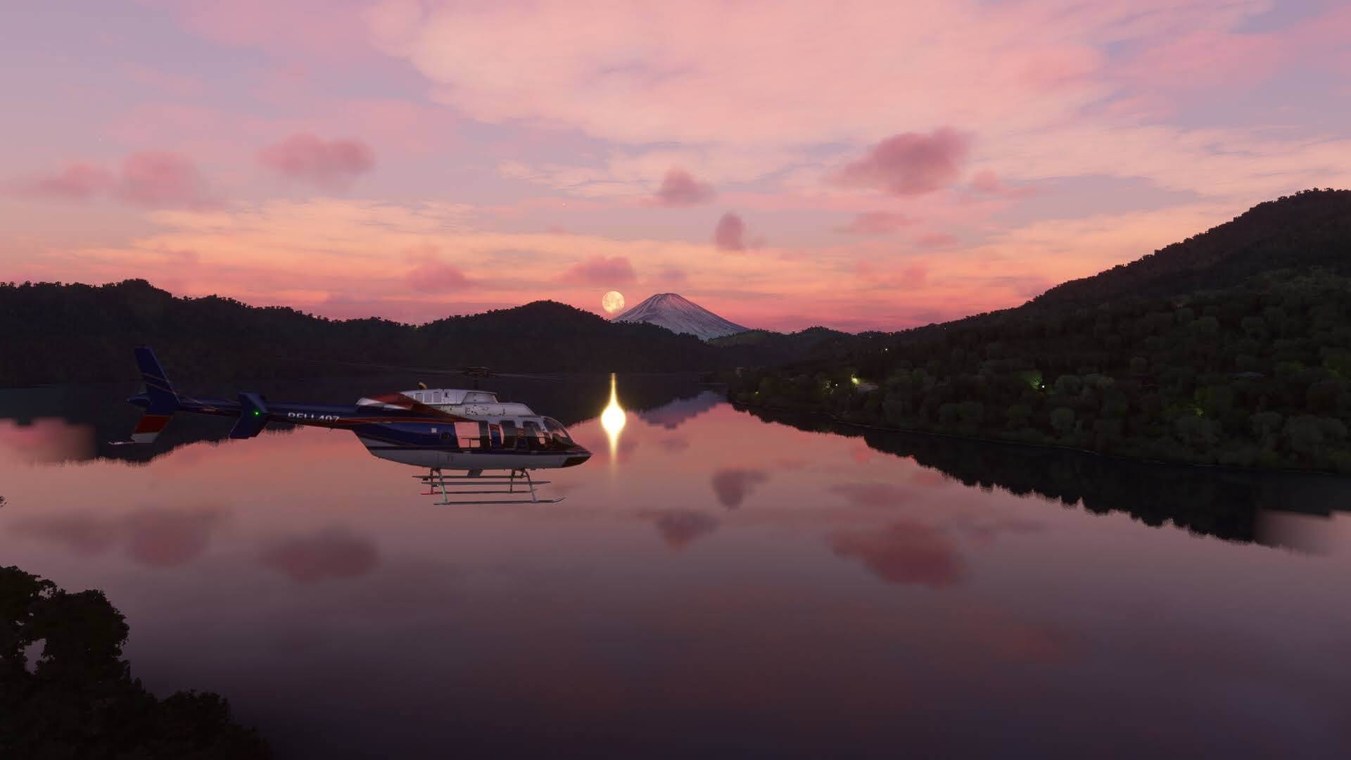 A helicopter flies over a lake at sunset, with Mt. Fuji visible in the distance.