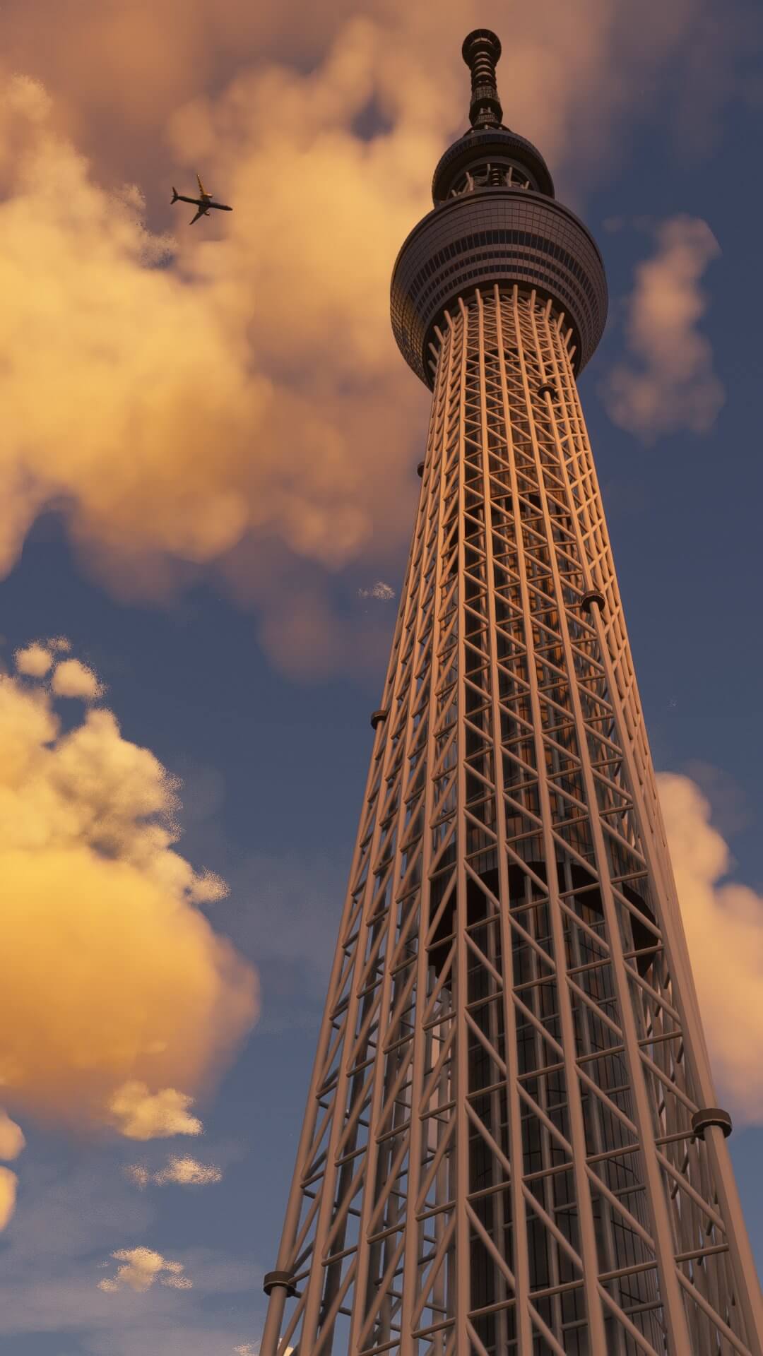 A tall tower rises up, with a plane visible high in the blue cloudy sky above it.