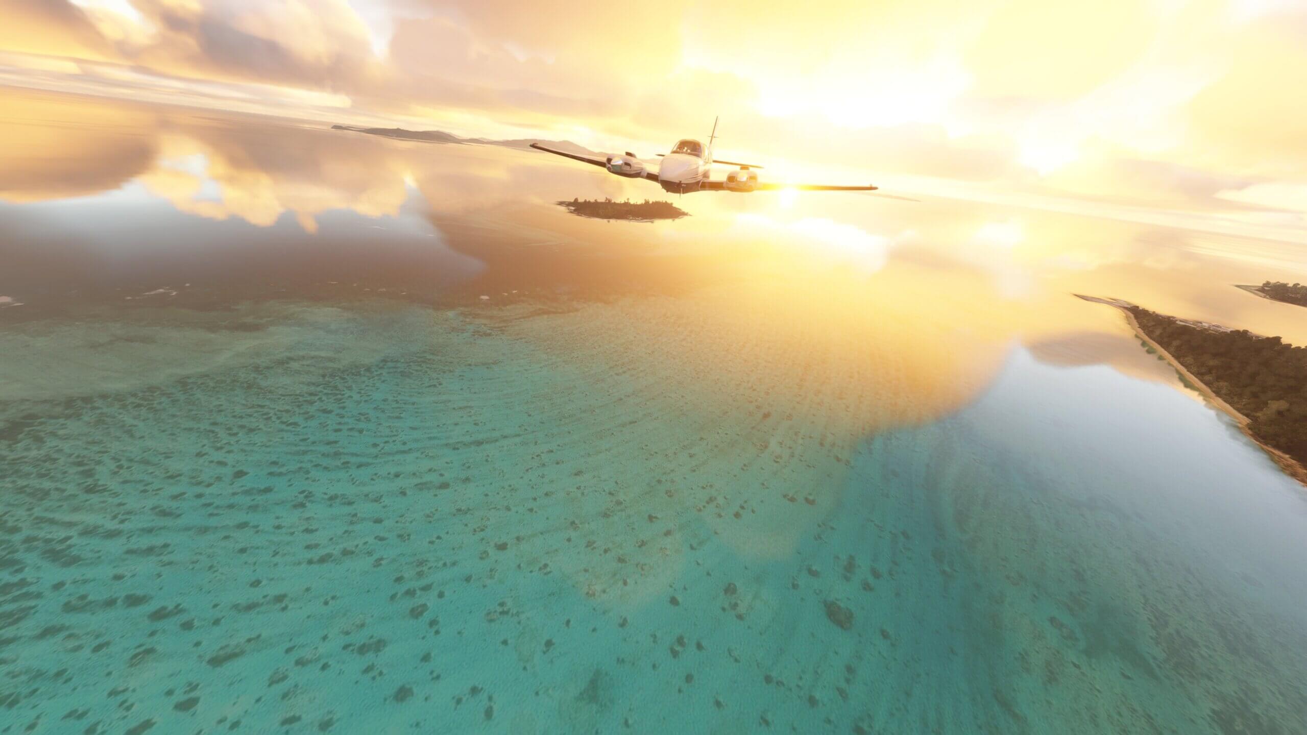 A plane flies towards the camera over a cyan ocean, lit at its back by the rising sun.