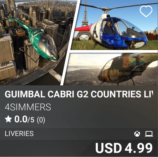 Guimbal Cabri G2 Countries Livery Pack by 4Simmers. USD 4.99