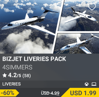 Bizjet Liveries Pack by 4Simmers. USD 1.99 (-60% from USD 4.99)