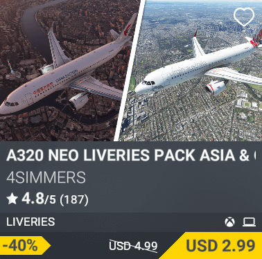 A320 Neo Liveries Pack Asia & Oceania by 4Simmers. USD 2.99 (-40% from USD 4.99)
