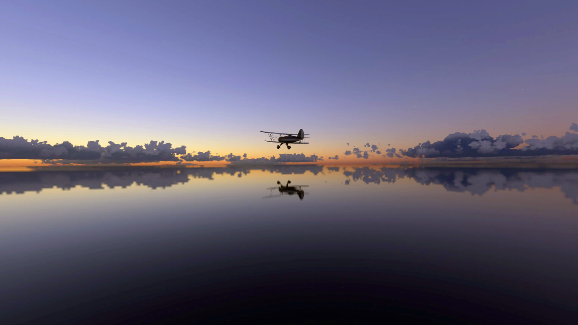 A plane flies over a lake at sunrise. 