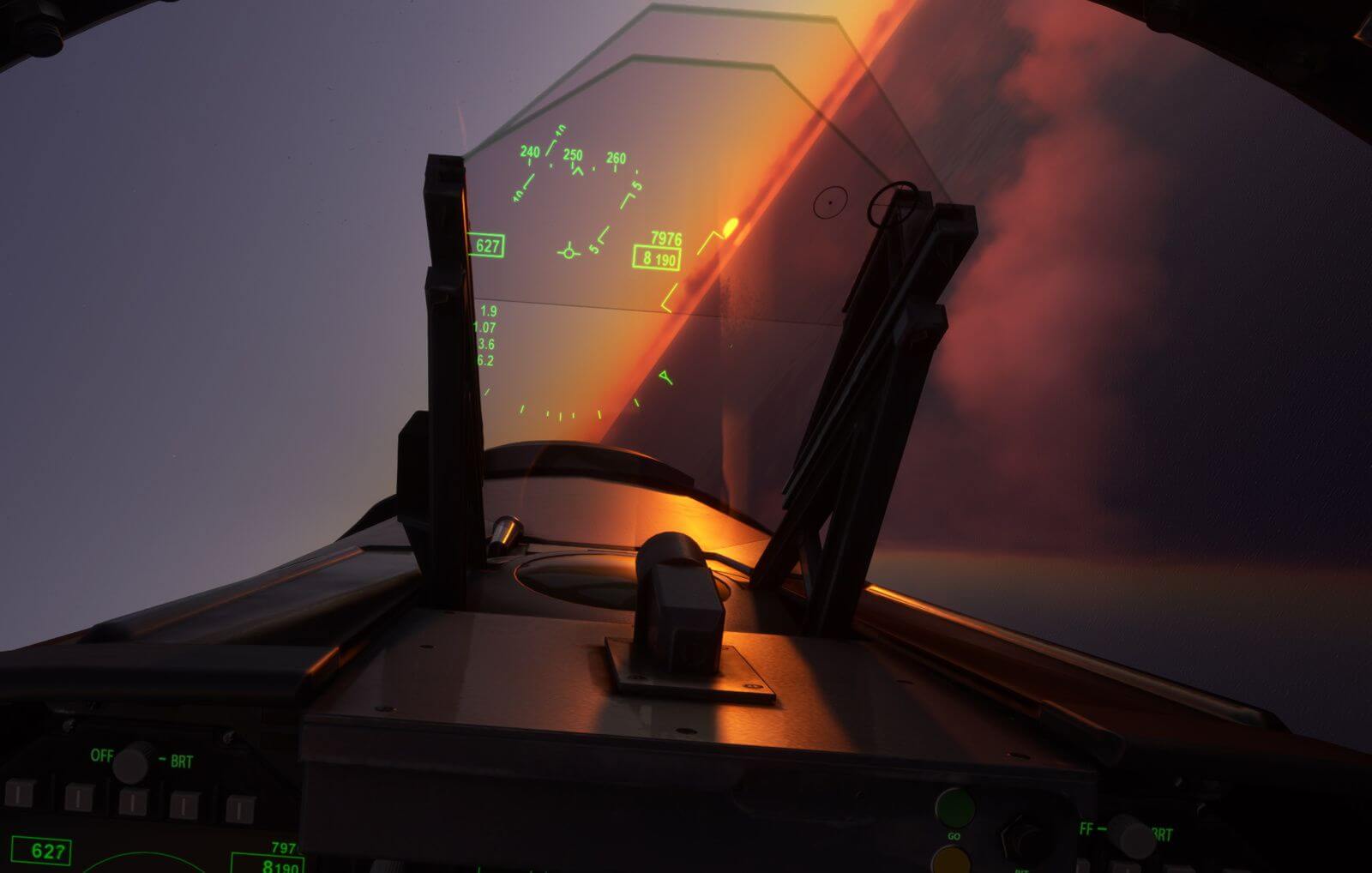 The setting sun is visible through the cockpit of a jet.