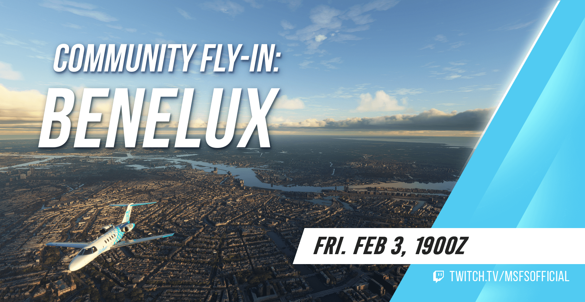 A Cessna Citation CJ4 flies over the city of Amsterdam. Community Fly-In: Benelux. Friday February 3rd at 1900Z. Watch at twitch.tv/msfsofficial