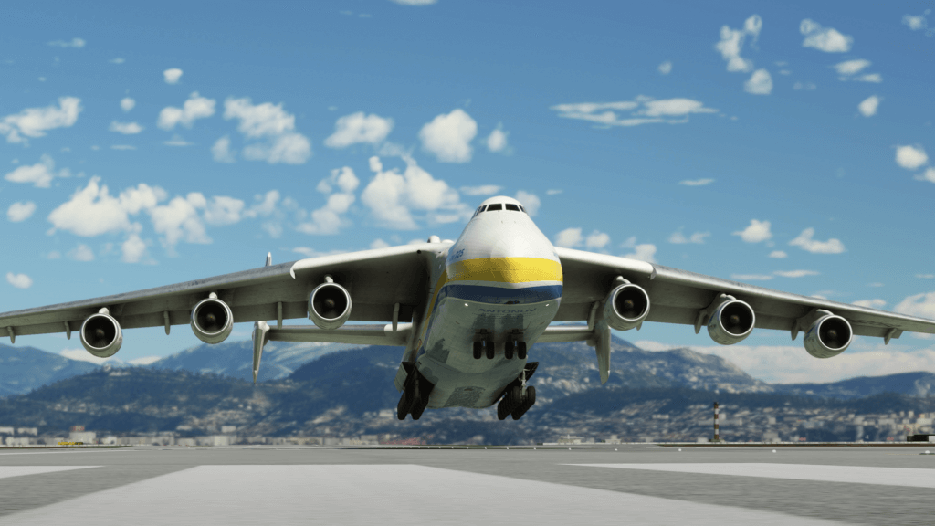 The Antonov AN-225 takes off the runway.