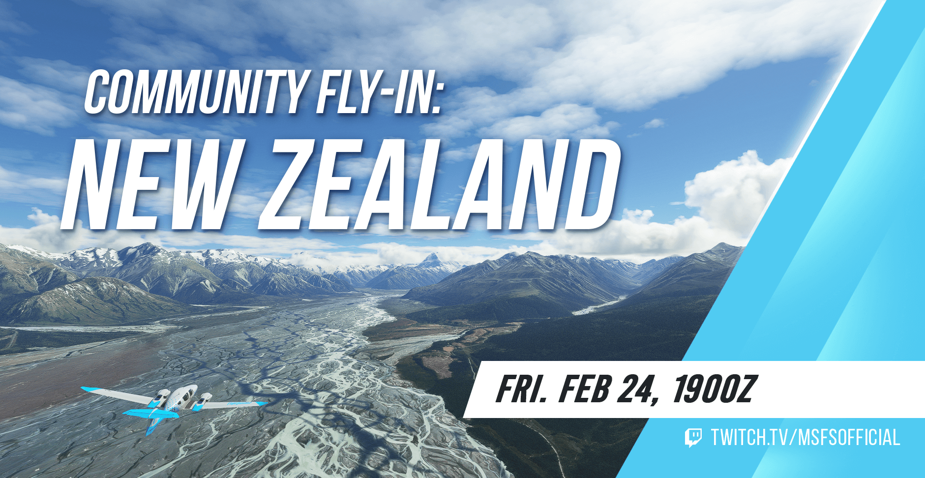 An aircraft flies over the Tasman river in New Zealand. Community Fly-In: New Zealand. Friday, March 24th at 1900Z. Watch at twitch.tv/msfsofficial.