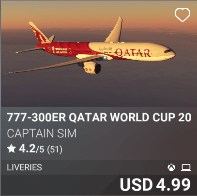 777-300ER Qatar World Cup 2022 livery by Captain Sim. USD 4.99