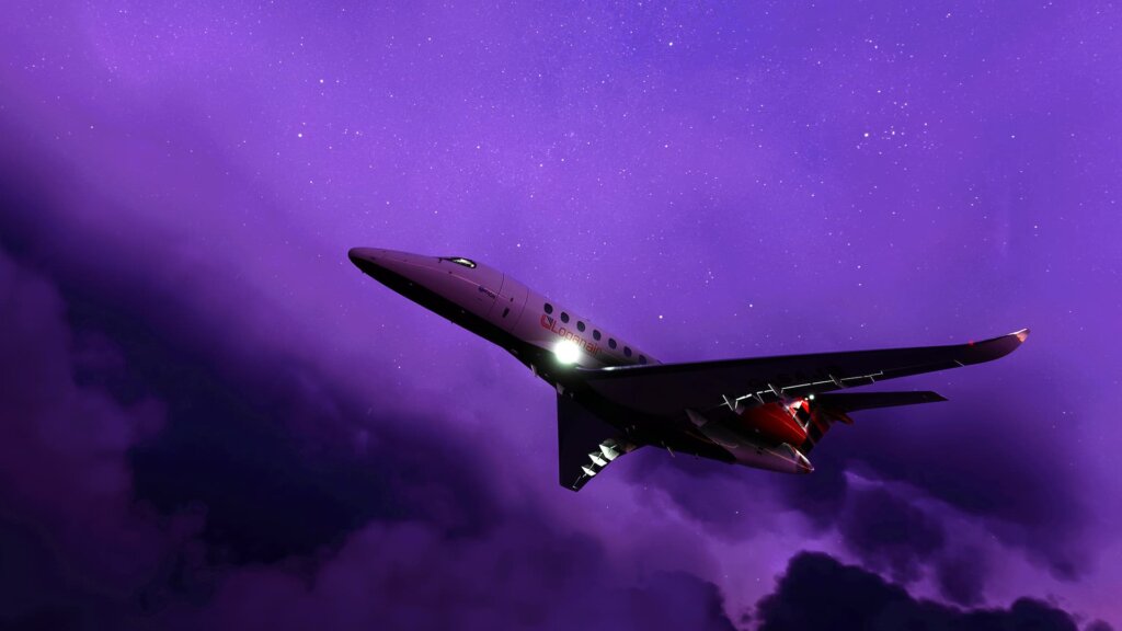 A business jet flies with a purple starry night in the background.