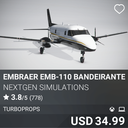 Embraer EMB-110 Bandeirante by NextGen Simulations. USD 34.99