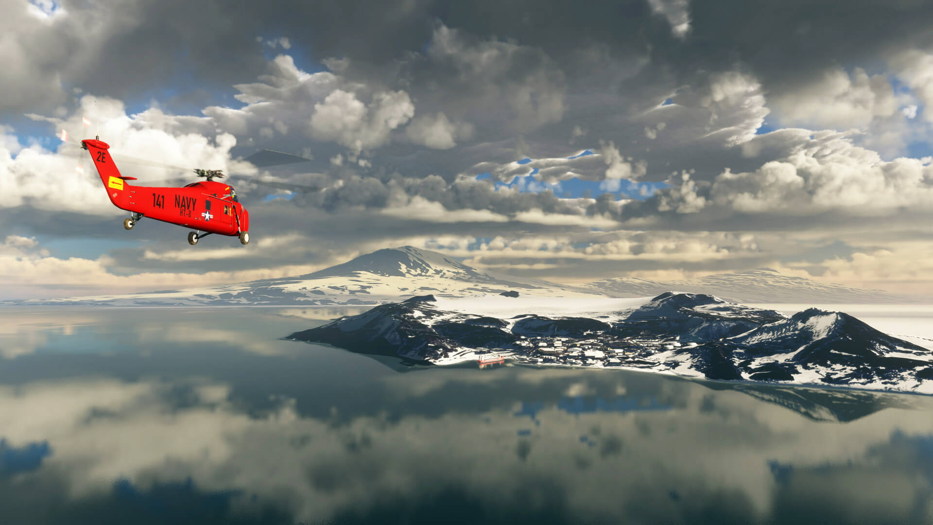 A red helicopter flies toward McMurdo Station in Antarctica.