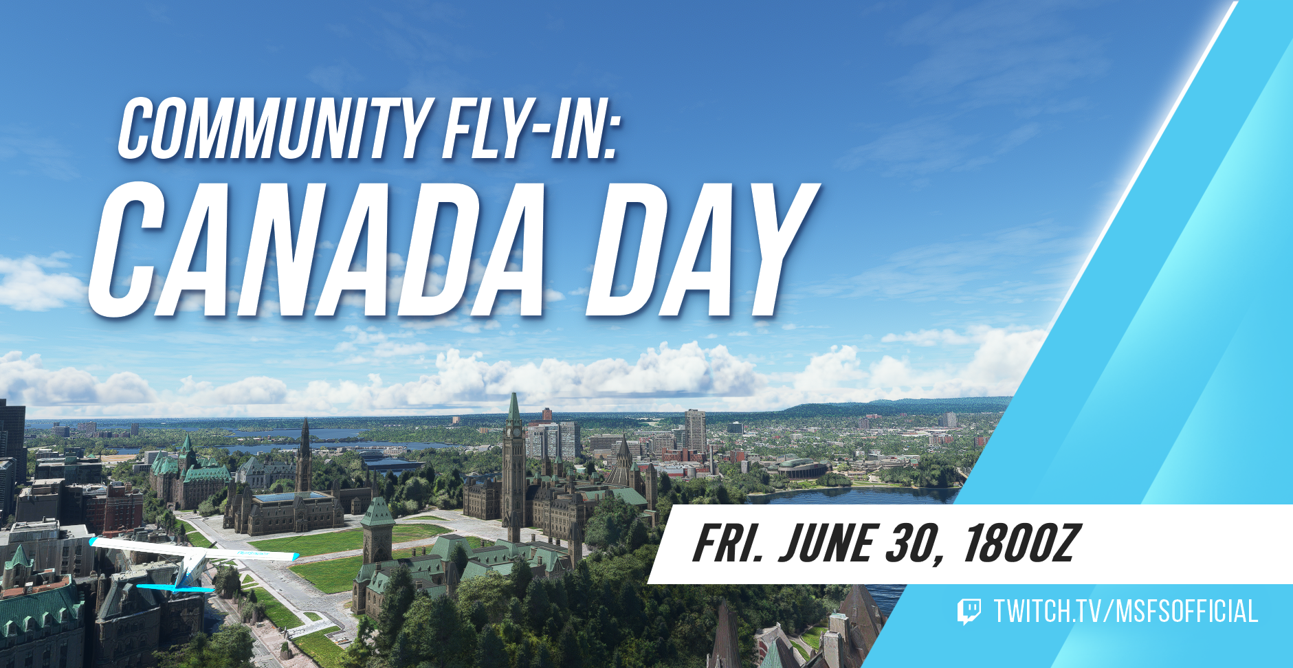 A de Havilland Canada DHC-2 Beaver flies towards the Parliament Hill in Ottawa, Ontario. Community Fly-In: Canada Day. Join us on Friday June 30th at 1800Z, at twitch.tv/msfsofficial!