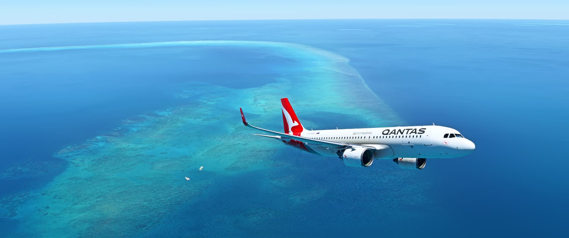 A jetliner with a Qantas livery flies over the Great Barrier Reef.