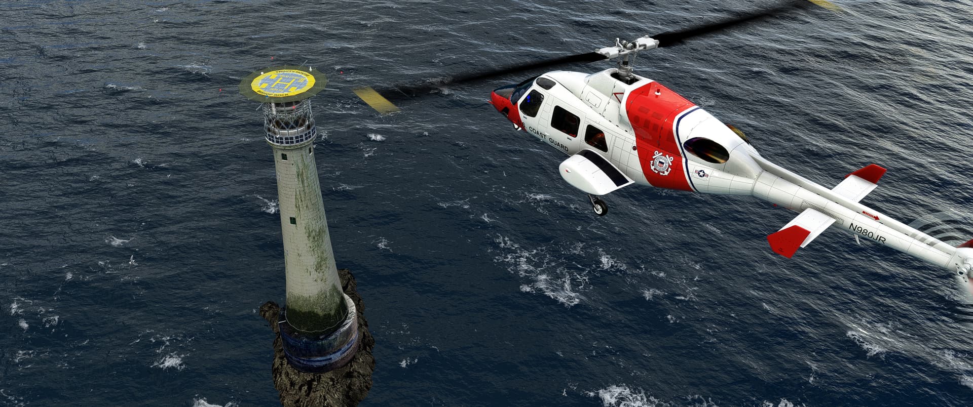 A white and red coast guard helicopter flies towards a lighthouse with a helipad on top.