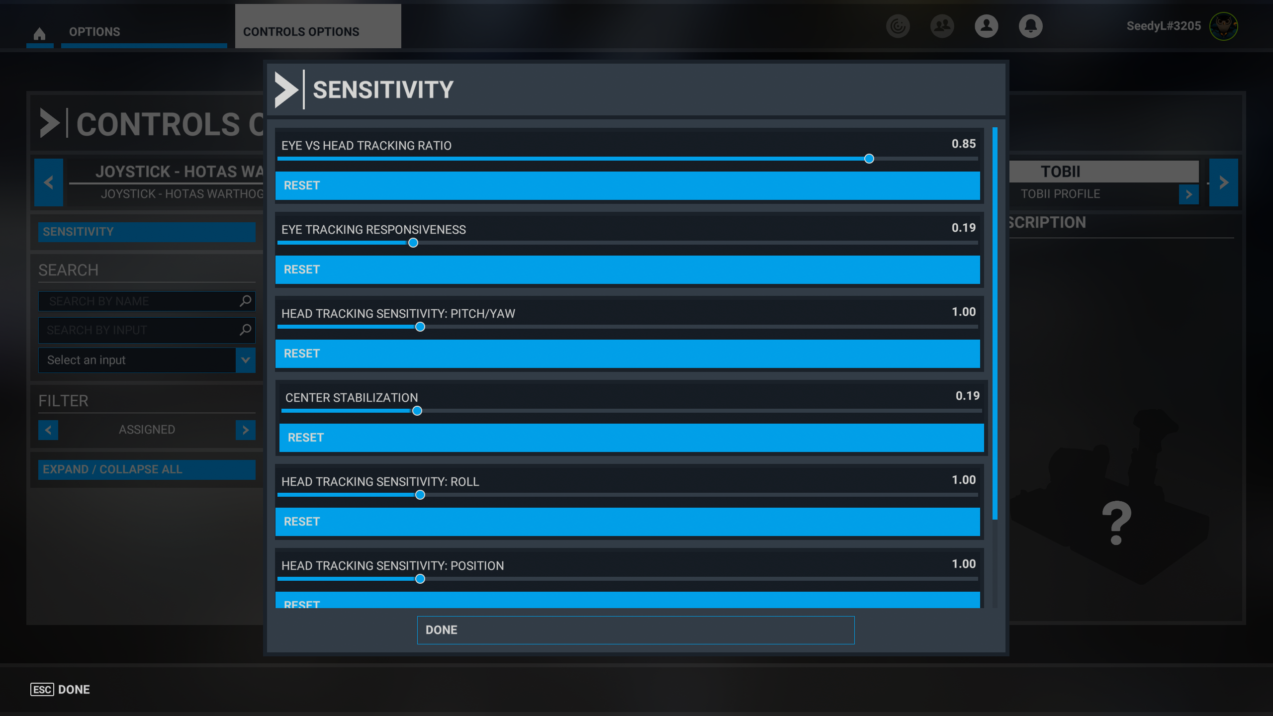 An image of the in-sim menu showing the various configuration options for the Tobii Eye Tracker 5.