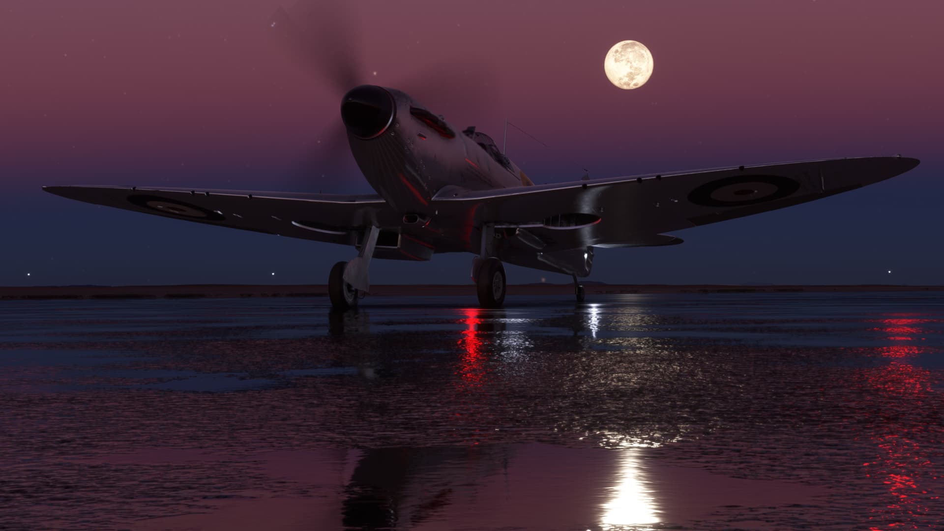 A Supermarine Spitfire parked on the ground at night. A Full moon is visible above the plane. The moon and parts of the aircraft are reflected on the rain-slick tarmac.