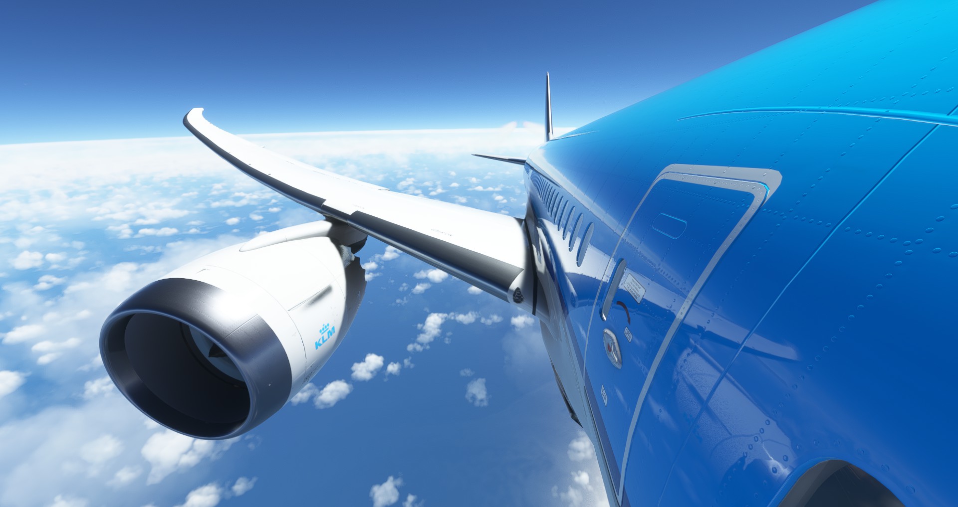 Rear-looking view of a wing, engine, and fuselage of a Boeing 787 Dreamliner with KLM livery. The wing is reflected in the aircraft's skin.