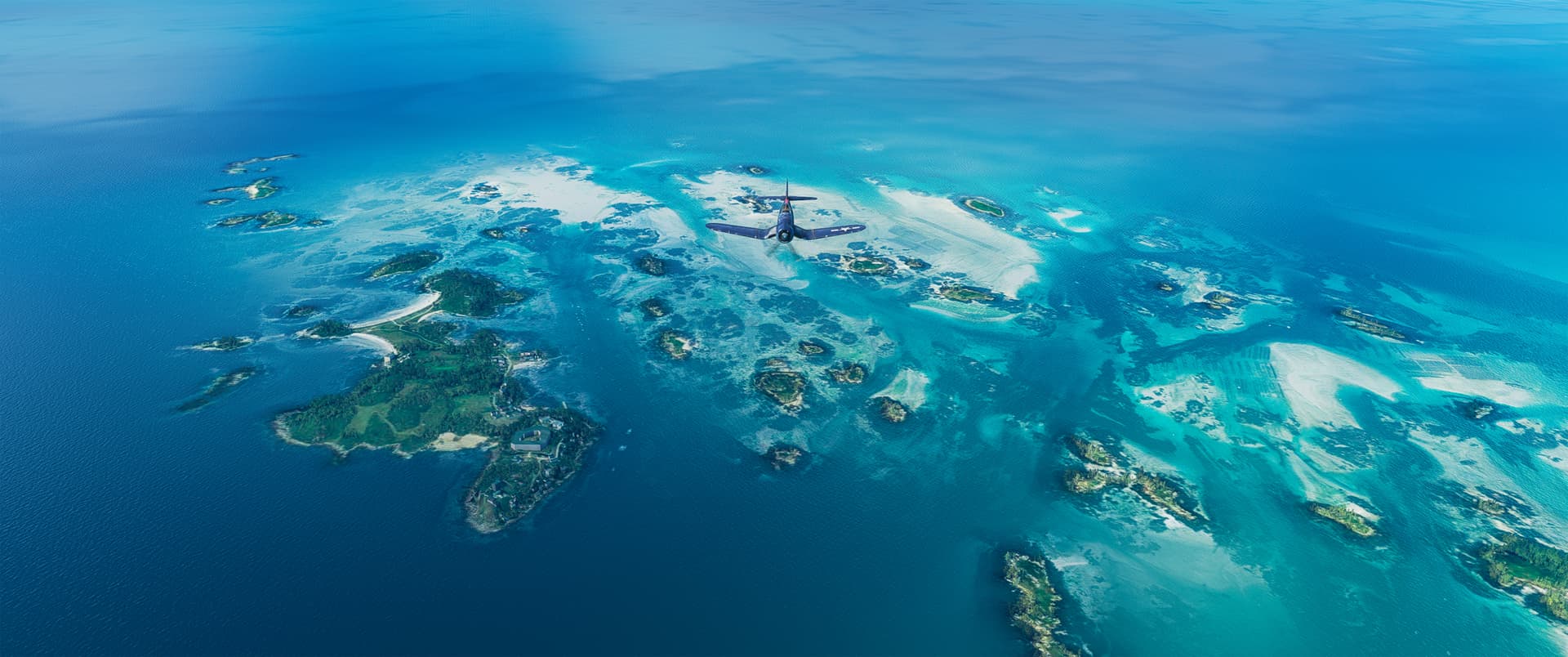 A Vought F4U Corsair flies over a small archipelago with several green islands against a light blue ocean backdrop.