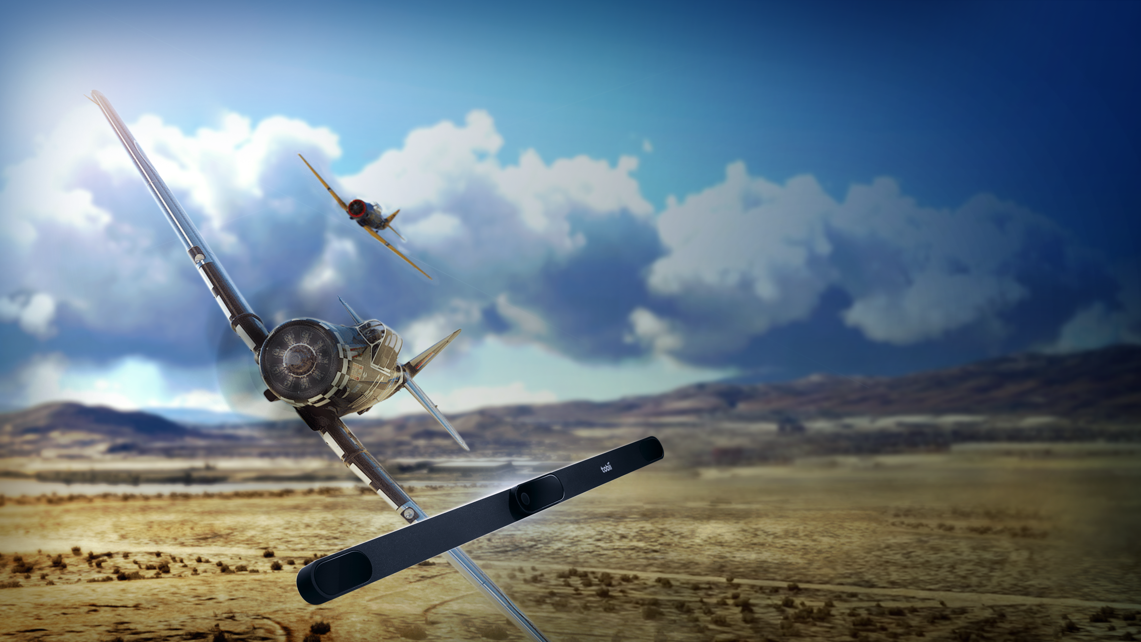 A promotional image for the Tobii Eye Tracker 5 showing the Reno Air Racing mode in Microsoft Flight Simulator