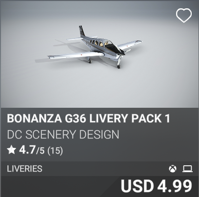 Bonanza G36 Livery Pack 1 by DC Scenery Design. USD 4.99