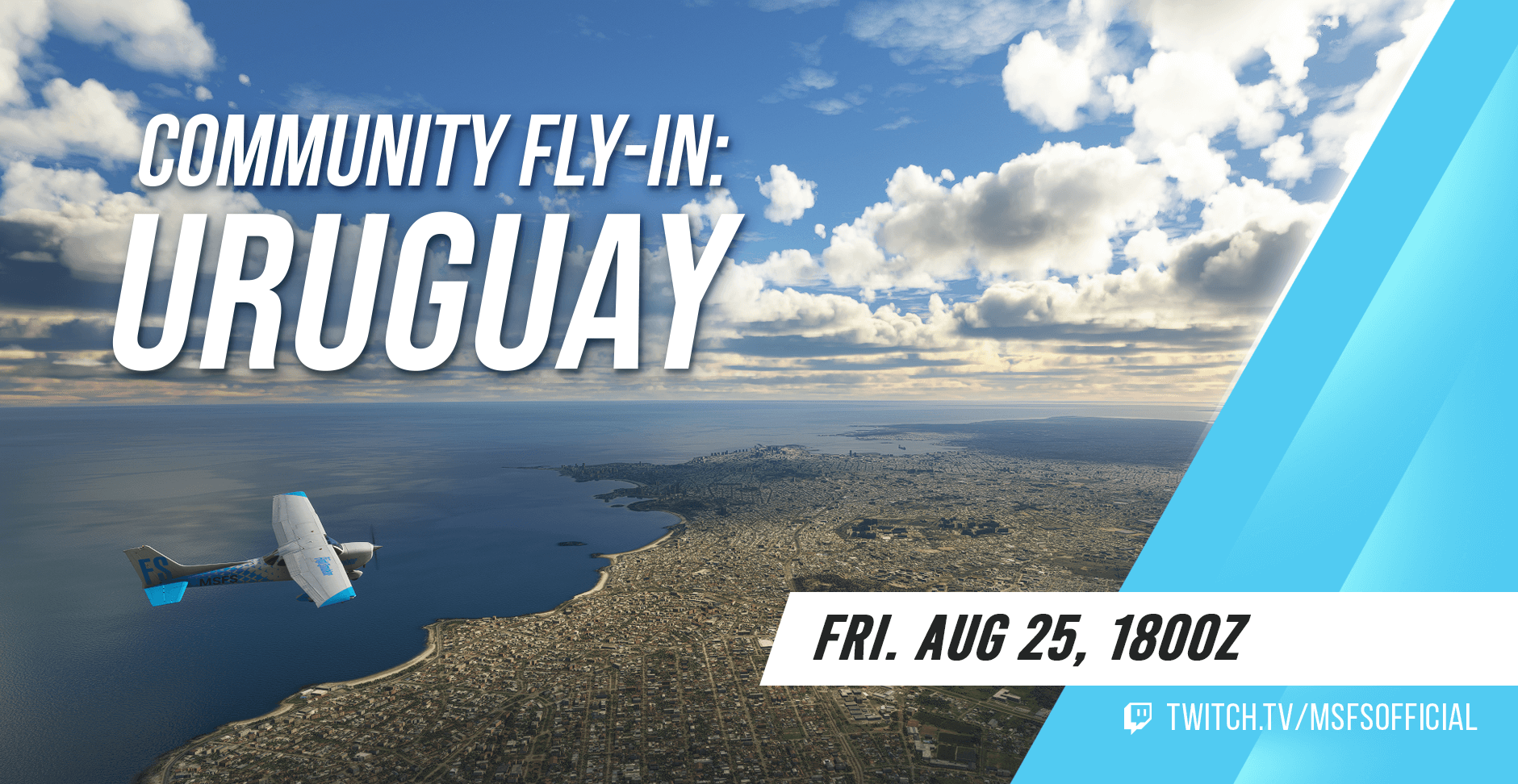 A Cessna 172 flies over Montevideo. Community Fly-In: Uruguay. Join us on Friday August 25th at 1800Z. Watch at twitch.tv/msfsofficial!