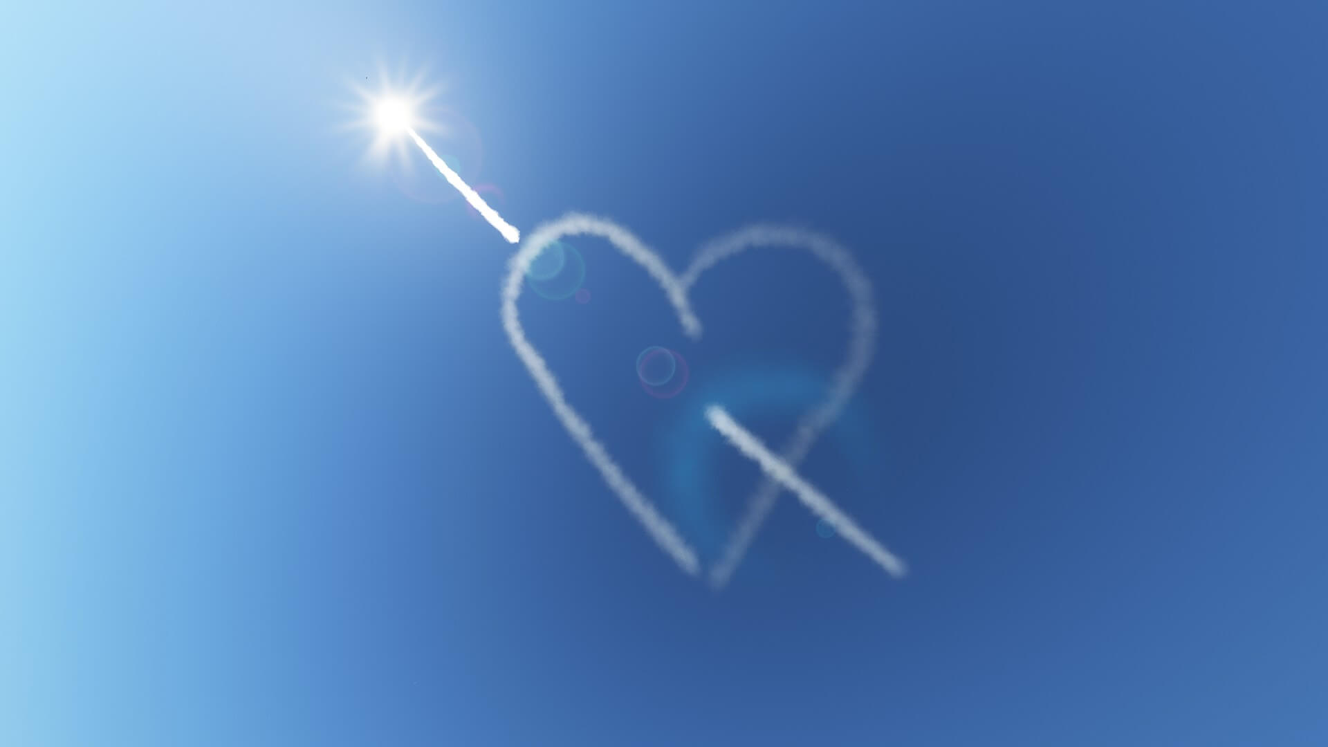 White smoke fills the sky as a love heart is drawn with arrow piercing through it.