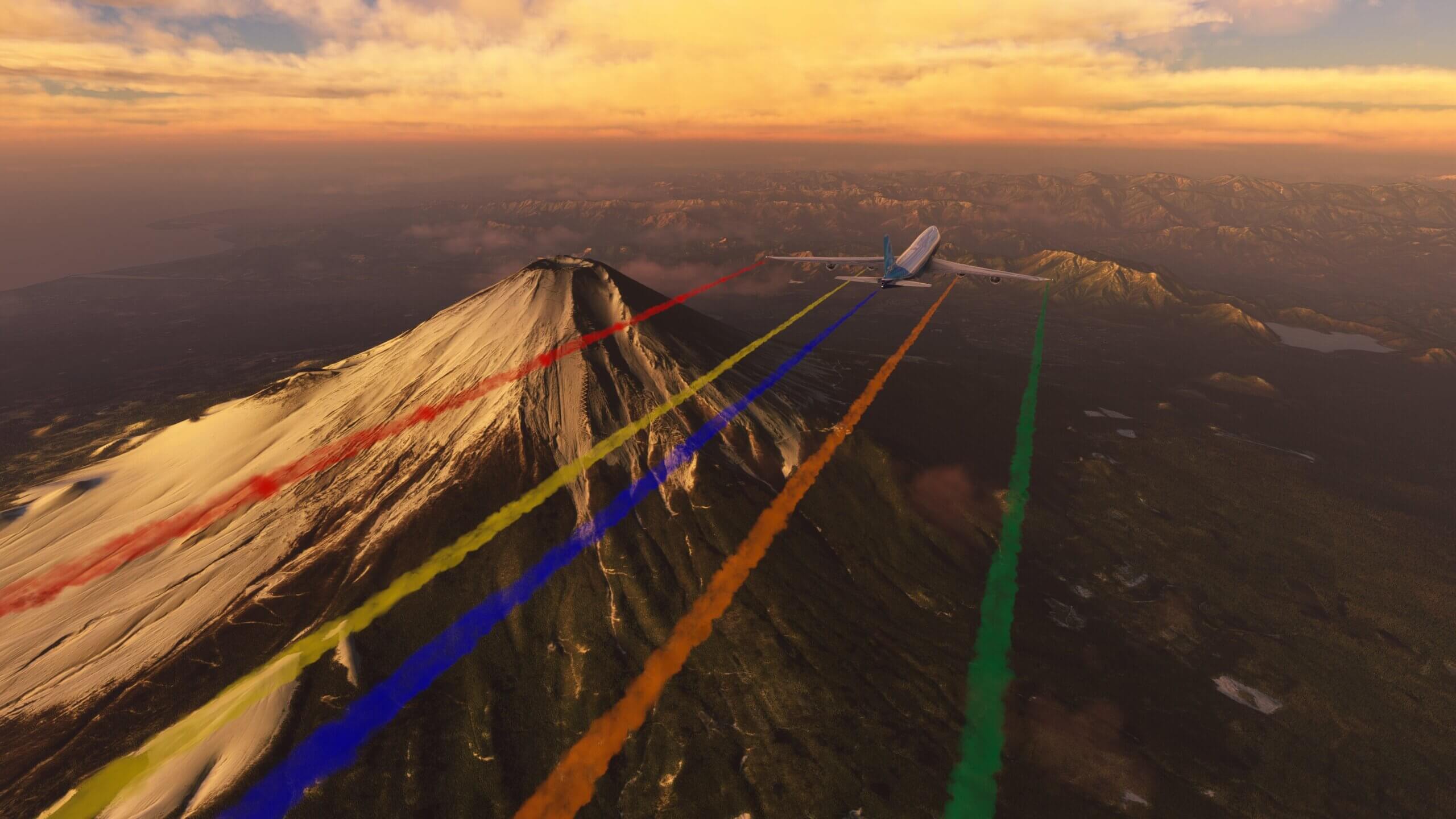 A Boeing 747-8 in house colours passes by a volcano with red, yellow, blue, orange, and green smoke plumes forming behind. 