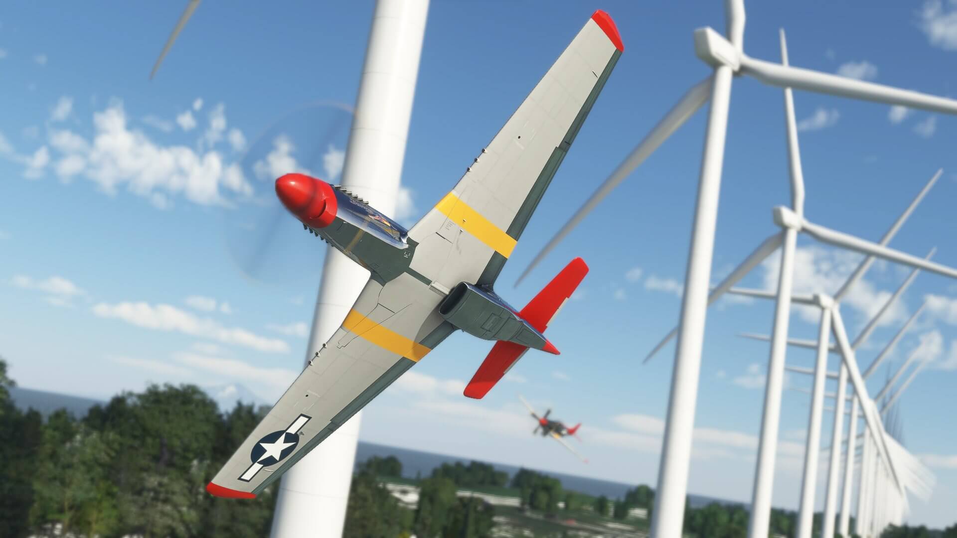 Two P-51 Mustangs weave their way in between circling wind farms.