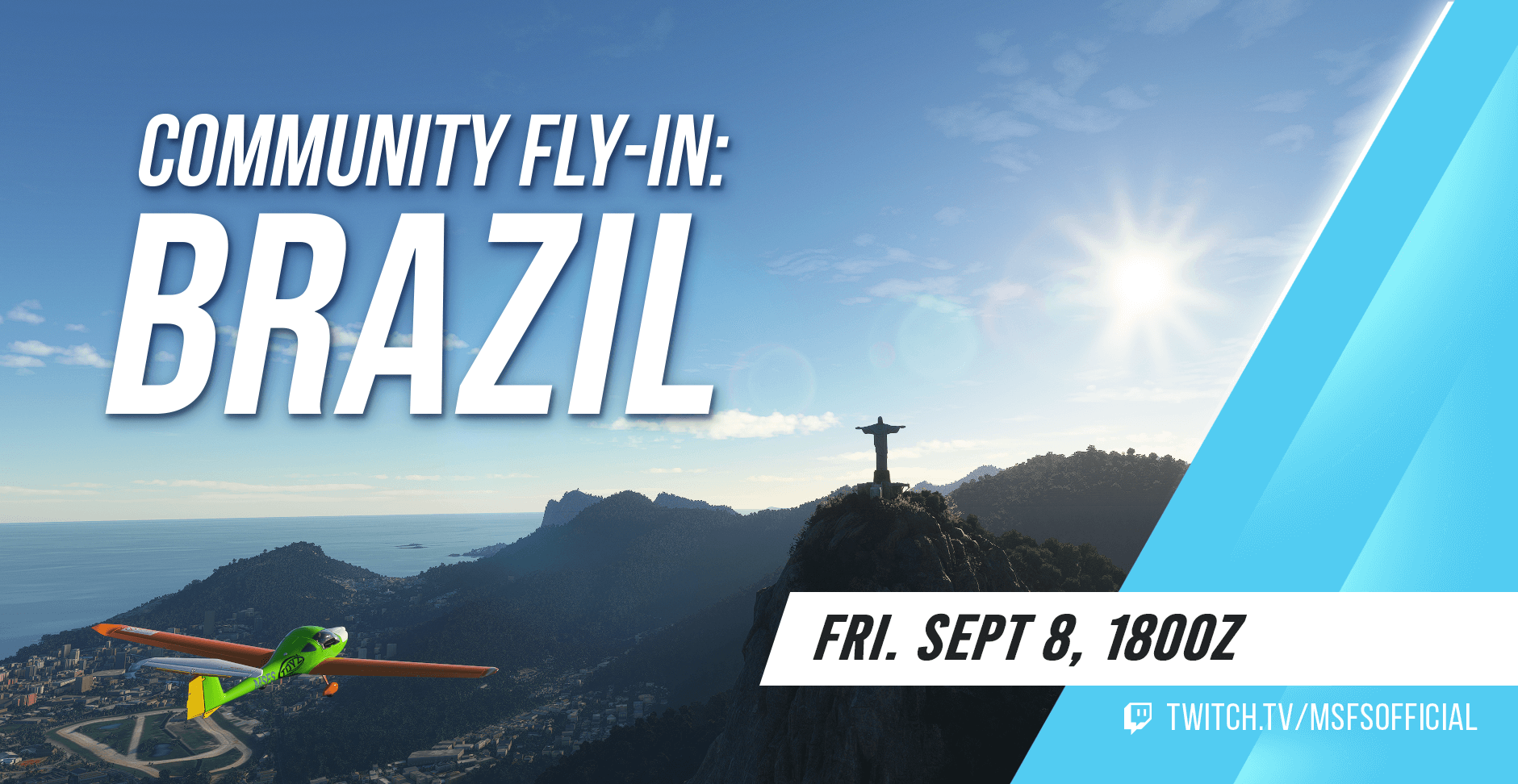An aircraft flies towards the Christ The Redeemer statue in Rio de Janeiro. Community Fly-In: Brazil. Join us on Friday September 8th at 1800Z. Watch at twitch.tv/msfsofficial!