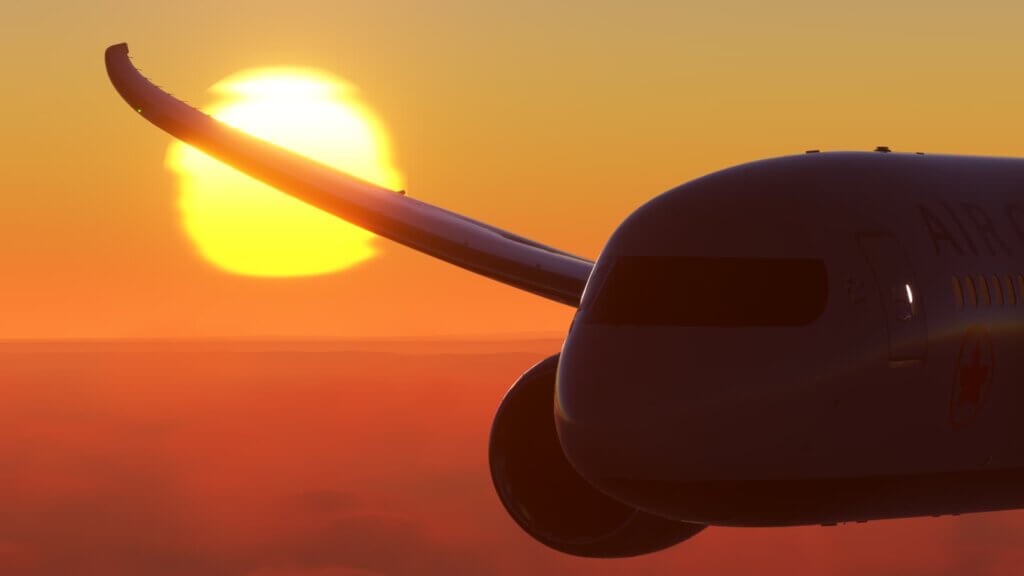 An Air Canada Boeing 787 cruising away from the sun, with the sun close to the horizon behind its right wing