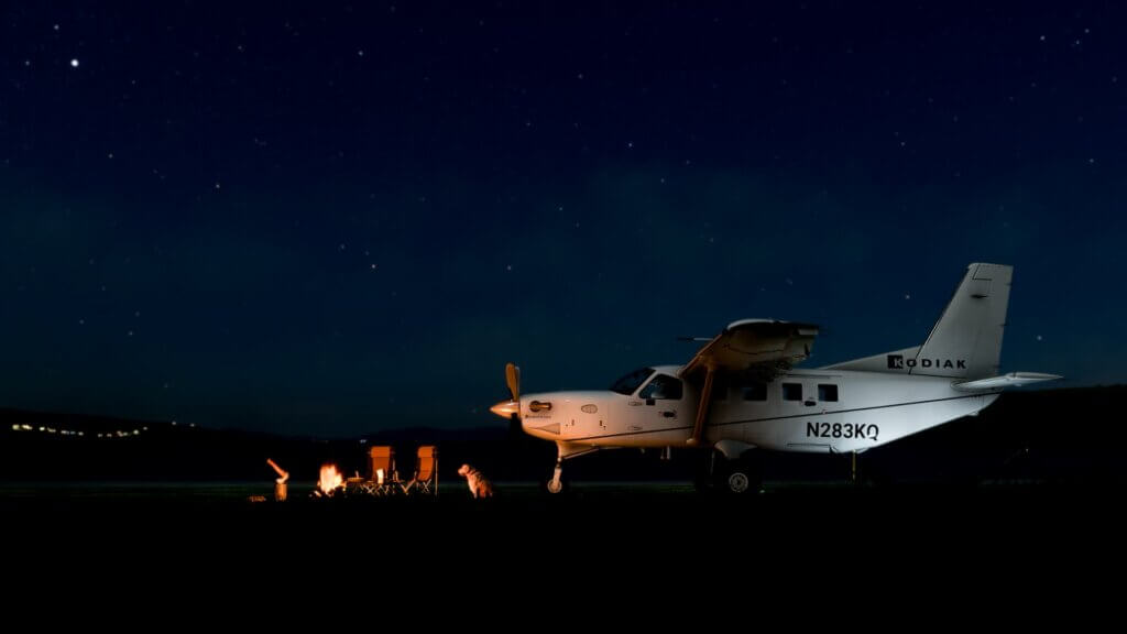 A Kodiak is parked next to a campfire under a starry sky. There is a dog sitting next to the campfire.