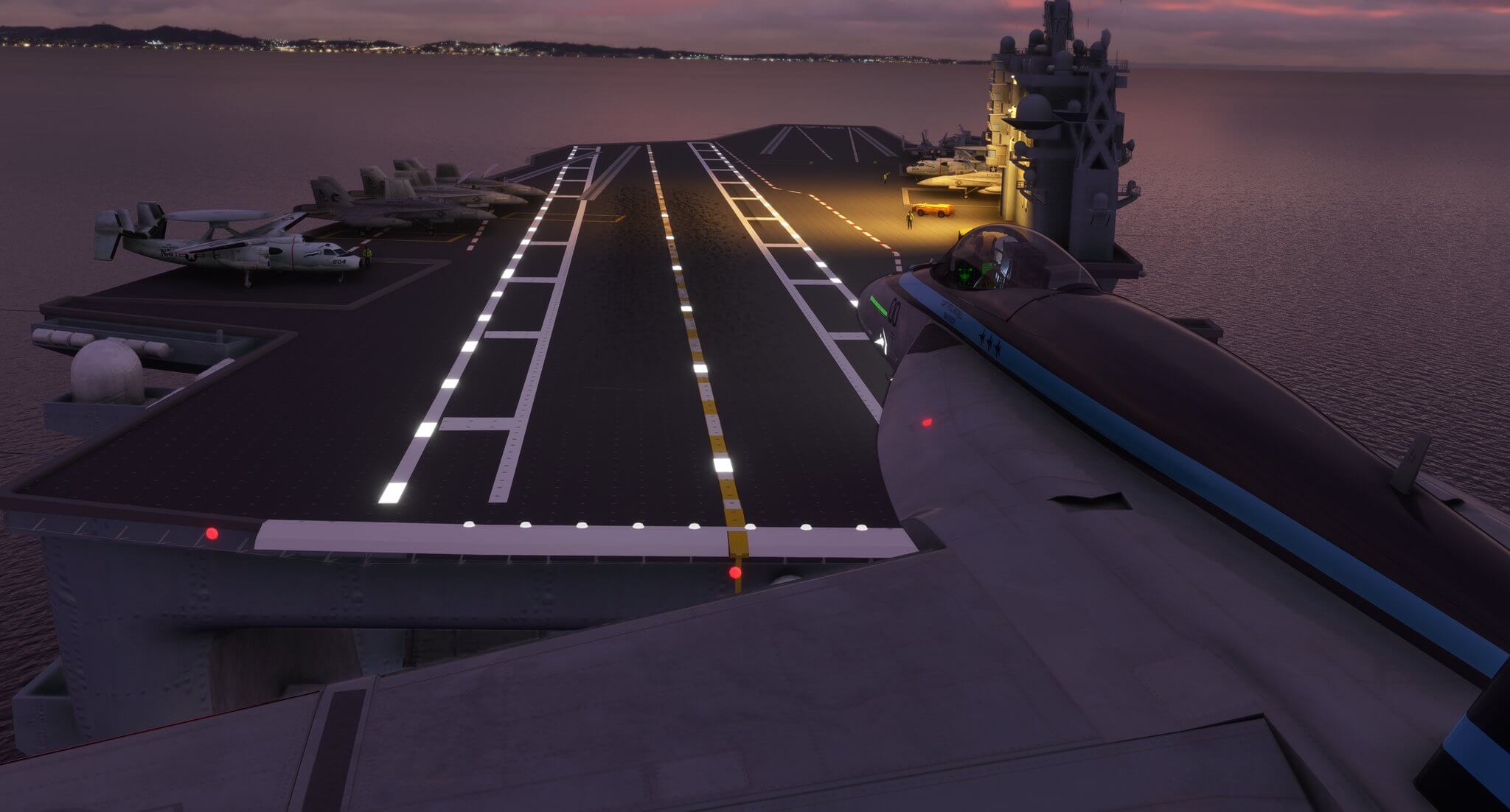 The Top Gun Maverick F/A-18 Hornet landing on an aircraft carrier