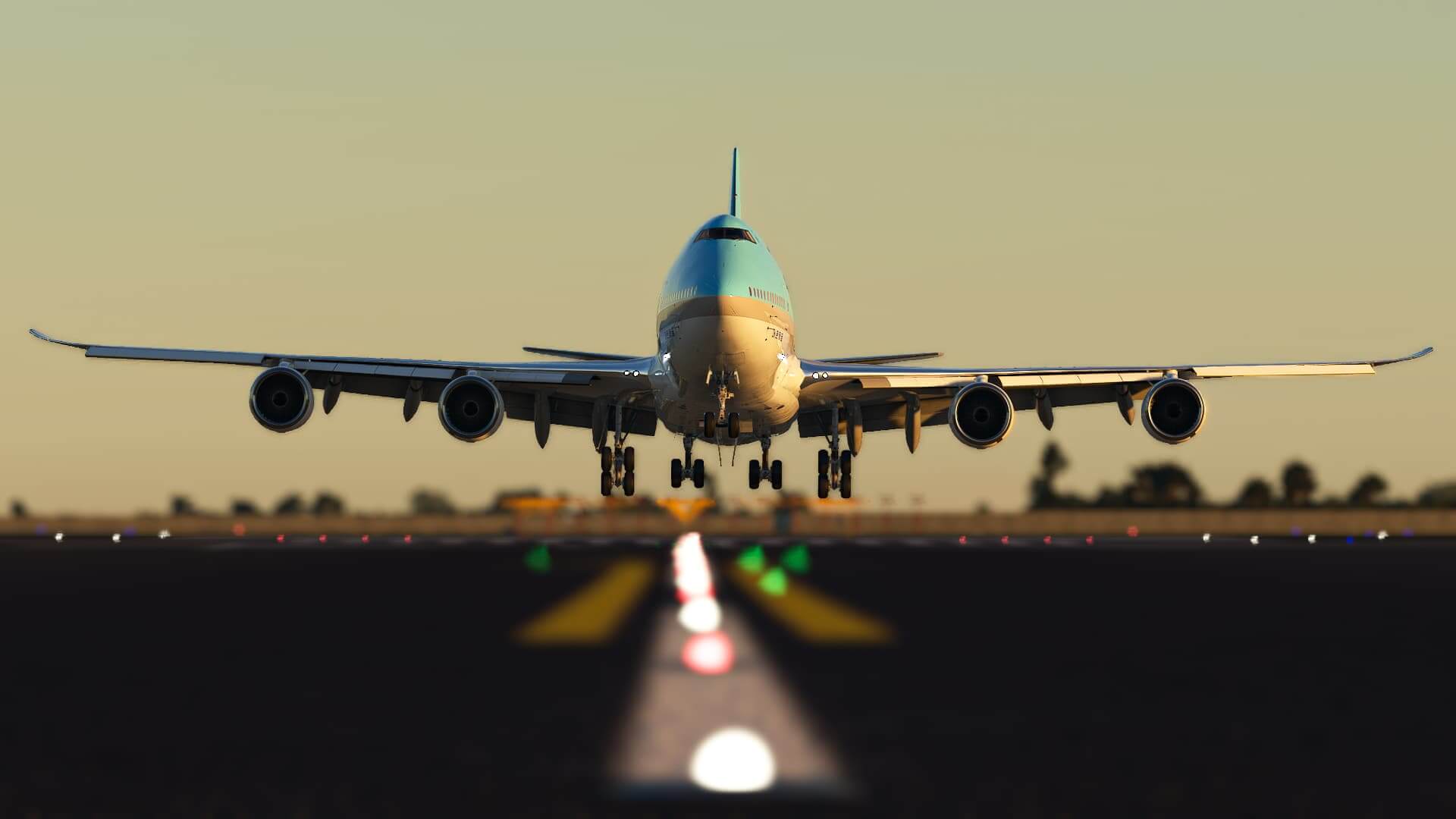 A Boeing 747-8 flares for landing on the centreline of a runway.