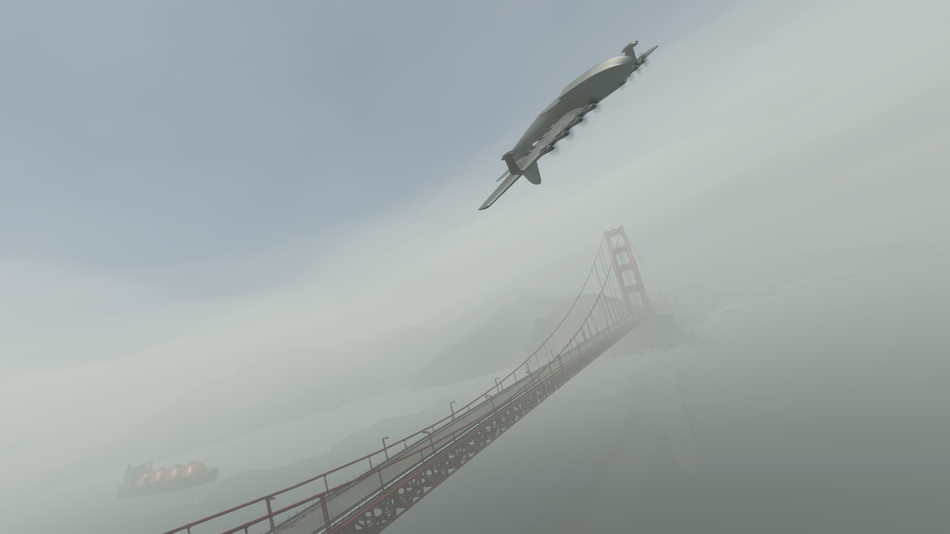 An H-4 Hercules Spruce Goose rolls inverted over the top of a foggy Golden Gate Bridge in San Fransisco.