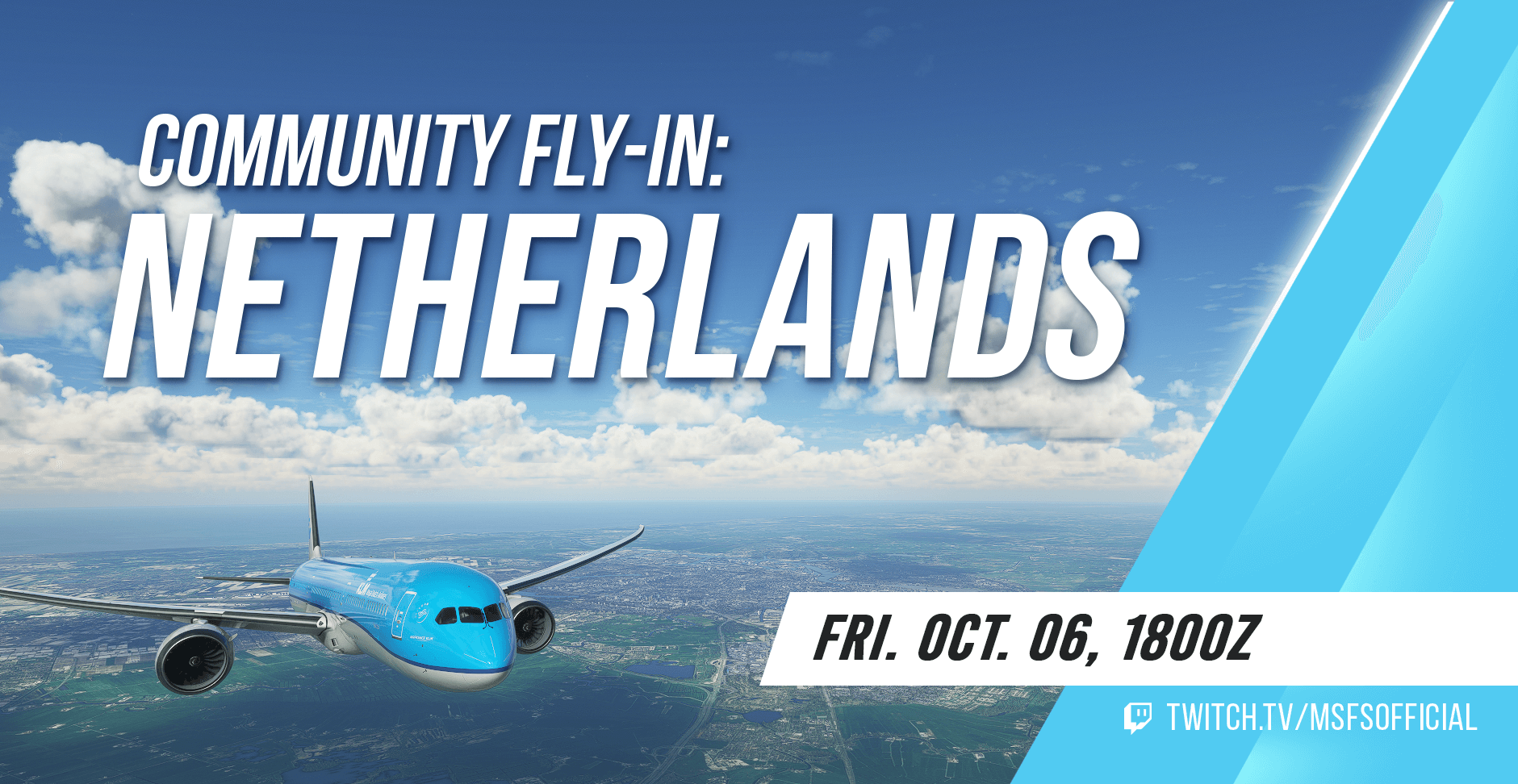 A Boeing 787 with KLM livery flies above Amsterdam. Community Fly-In: Netherlands. Join us on Friday, October 6th at 1800Z. We'll be streaming at twitch.tv/msfsofficial.